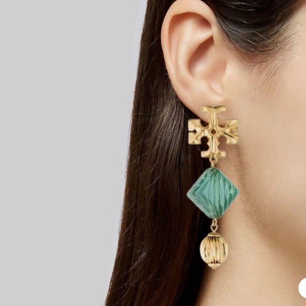 Tory Burch Roxanne Azure Green 18K Gold Plated Double Drop Clip-On Earri…